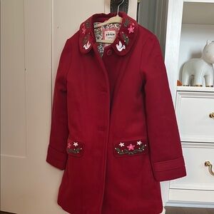 Boden Cherry Red Coat with Floral Embroidery